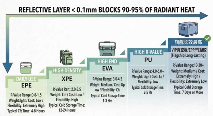cooler backpack insulation foam tiers from EPE and XPE to EVA, PU and vacuum panels with R-value and use-case comparison